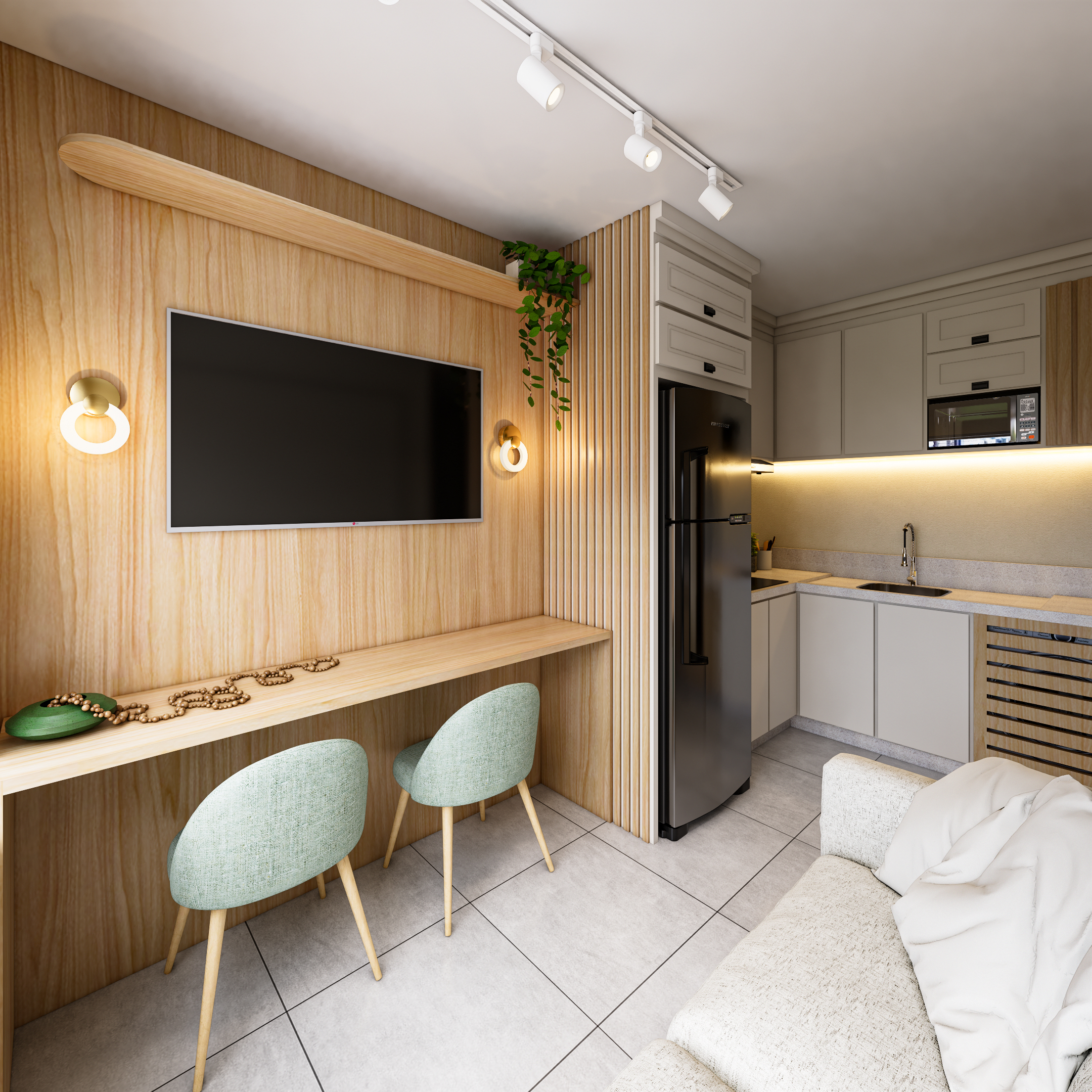 Studio Serenita Cascavel - sala e cozinha integradas com mobilia completa, formato Airbnb