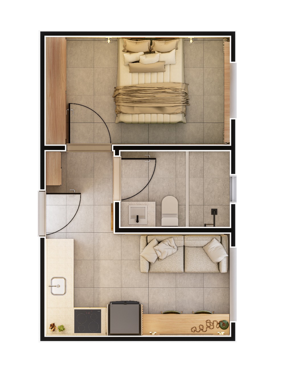 Planta tipo studio 29m2 Serenita - layout otimizado para short-stay